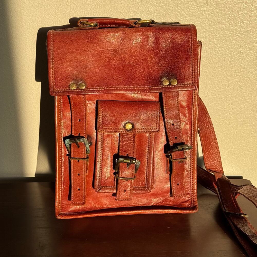 Vintage Genuine Leather Satchel Crossbody Bag Brown Rustic Distressed Messenger